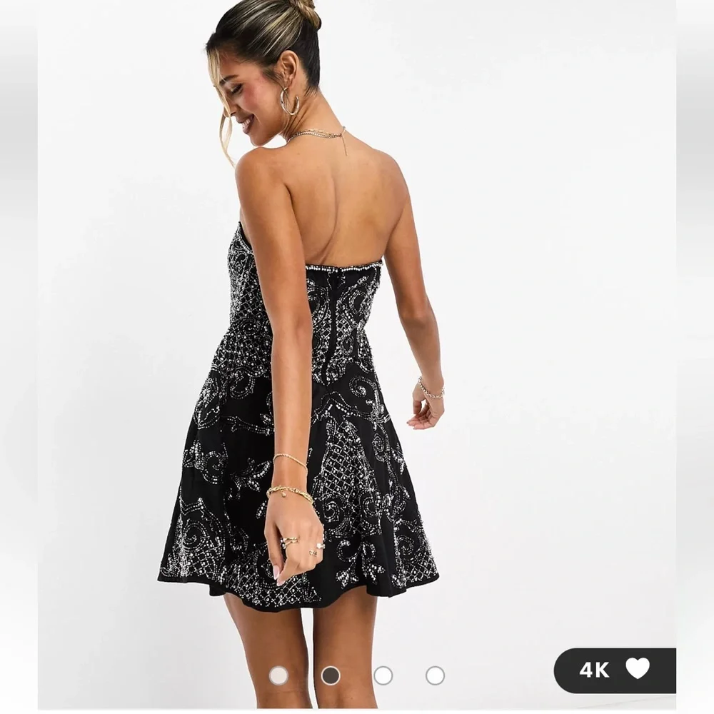 ASOS DESIGN embellished bandeau mini dress in black sequin pearl strapless US 10 - Picture 3 of 13